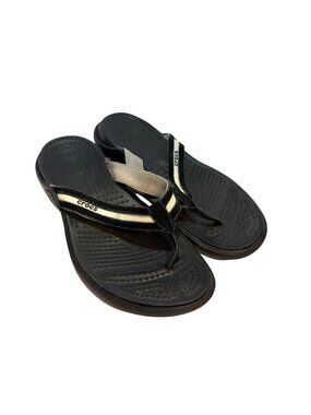 Crocs Black & White Striped Flip Flop Sandals Women’s Size 8 Comfortable Casual